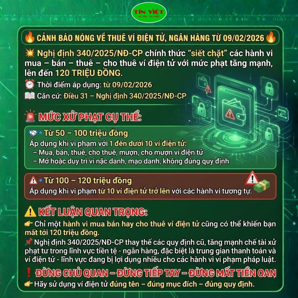 CHO THUÊ, CHO MƯỢN TÀI KHOẢN NGÂN HÀNG, VÍ ĐIỆN TỬ CÓ THỂ BỊ PHẠT ĐẾN 120 TRIỆU ĐỒNG TỪ NGÀY 09/02/2026